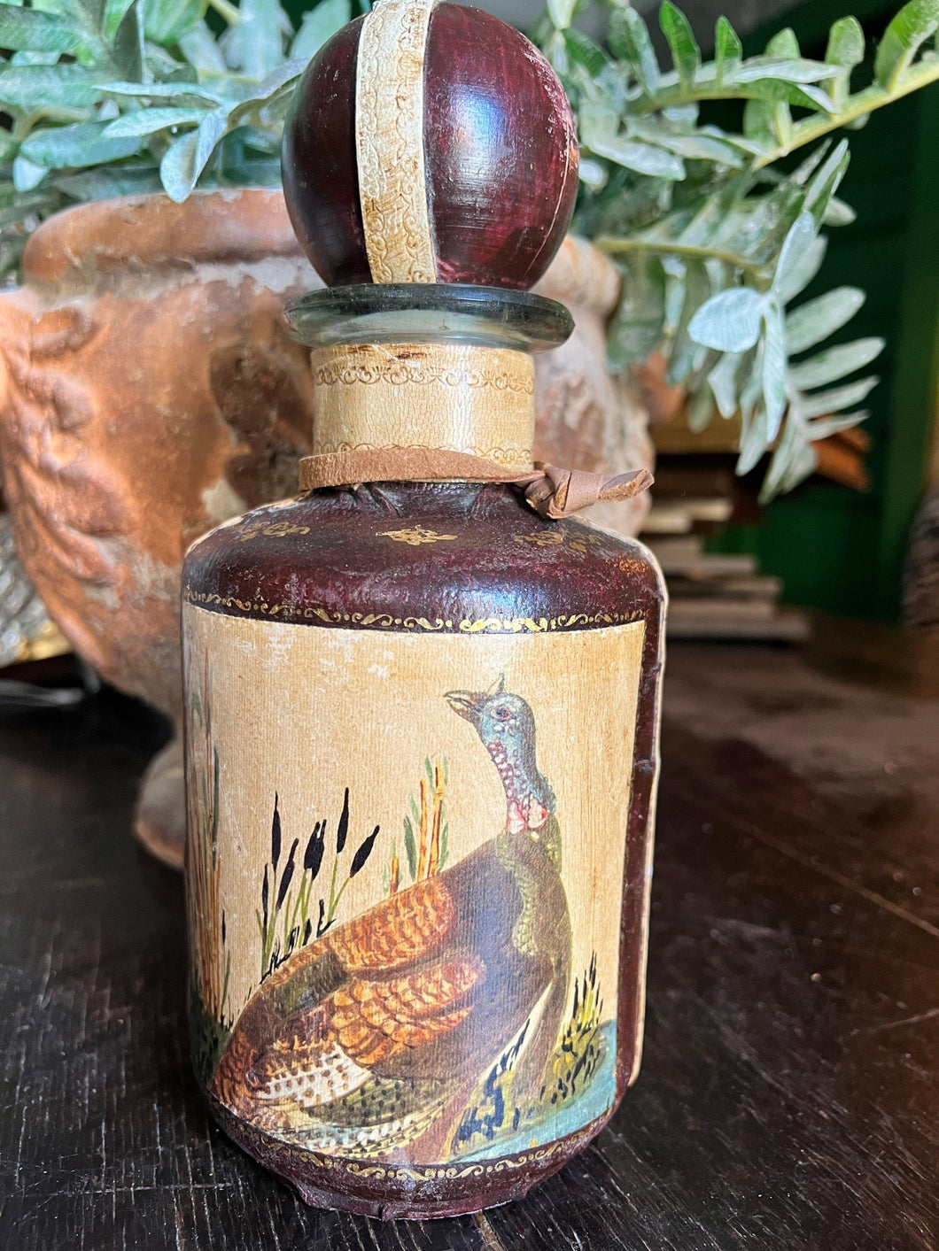 Antique Leather wrapped Bird Decanter Bottle - Vintage AnthropologyVintage Anthropology