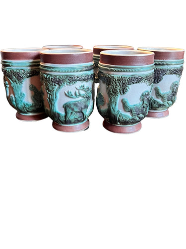 Set of Six Hunt Scene Ceramic Cups German Stein - Vintage AnthropologyVintage Anthropology